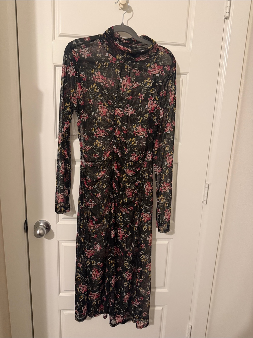 INC International Concepts Black Floral Sheer Overlay Long-Sleeve Midi Dress